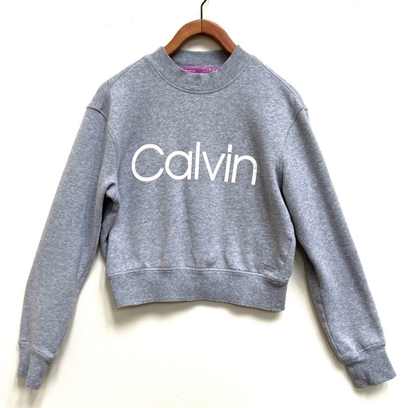 Calvin Klein Performance Logo Cropped Grey Crewneck Sweatshirt - Picture 3 of 14